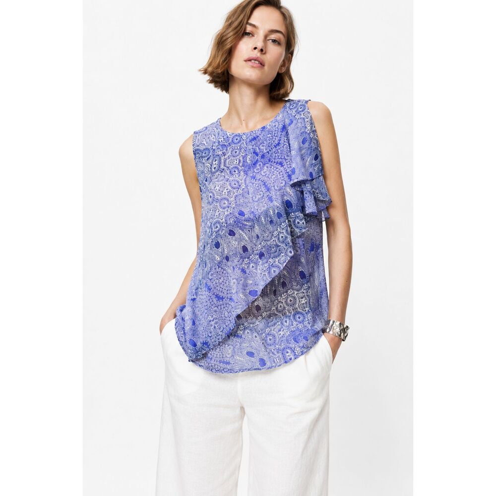 Anthropologie HD in Paris Paisley Ruffle Sleeveless Top Blue Purple Coquette 4